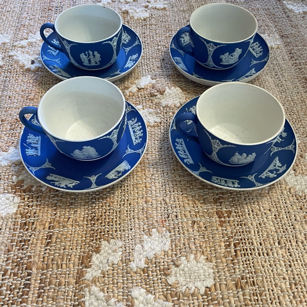 Set of 4 Wedgwood Etruria England Jasperware Dark Blue Teacups and Saucers